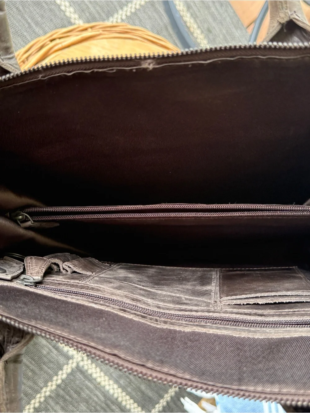 Lederzar Brown/Grey Leather Laptop Travel Tote Carryall Bag